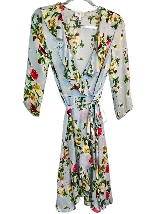 Milly of New York Light Blue Floral Wrap Midi Dress with Yellow & Red Roses - Picture 7 of 15